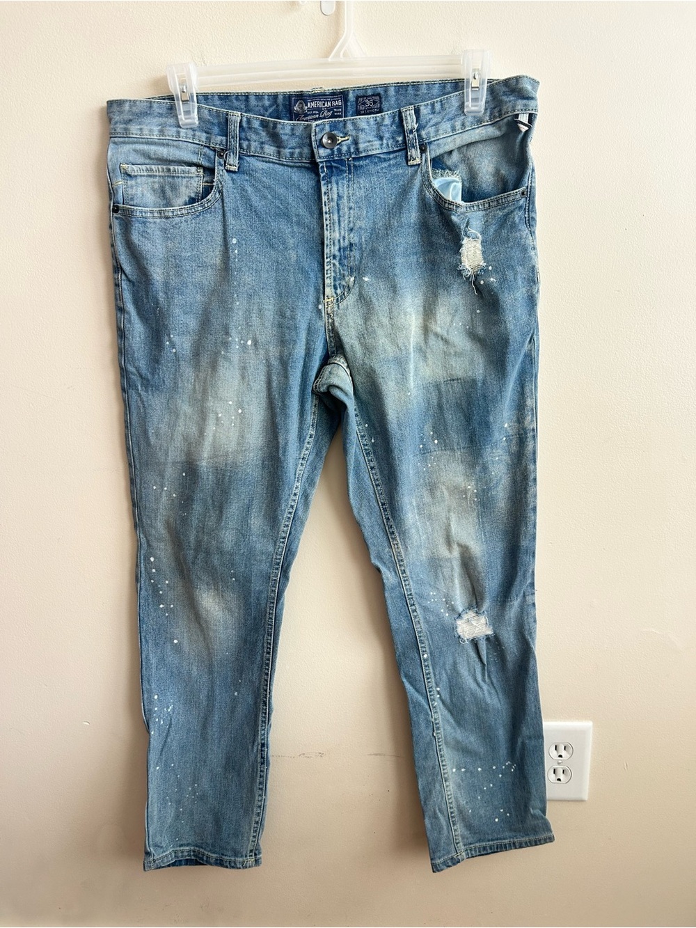 American Rag Mens Medium Wash Distressed Slim Straight Jeans 36x30